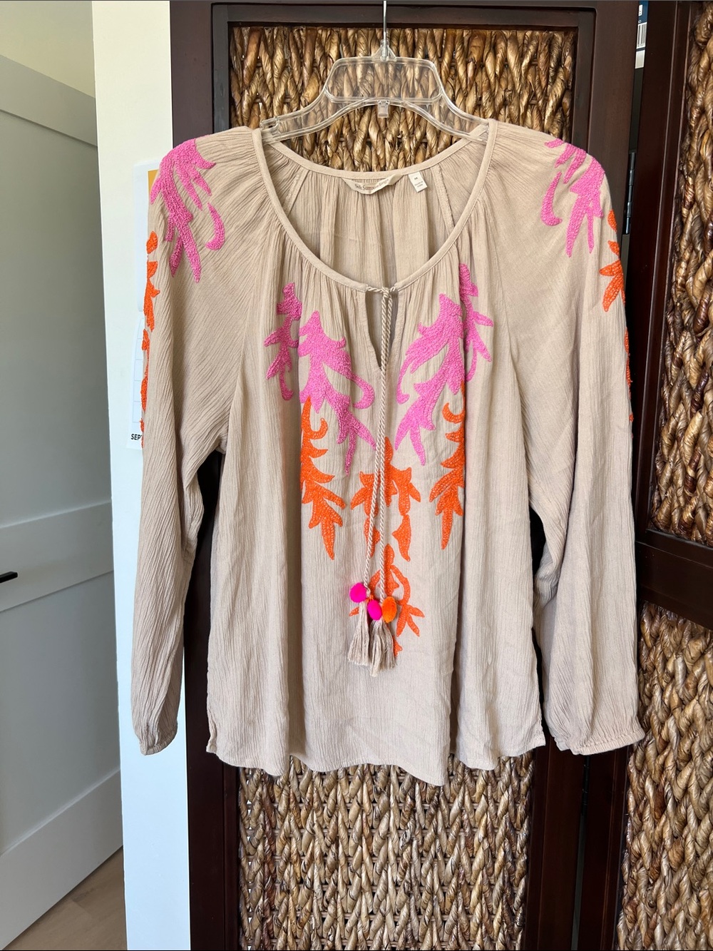 Soft Surroundings Beige Embroidered Peasant Tunic with Pink & Orange Details sz
